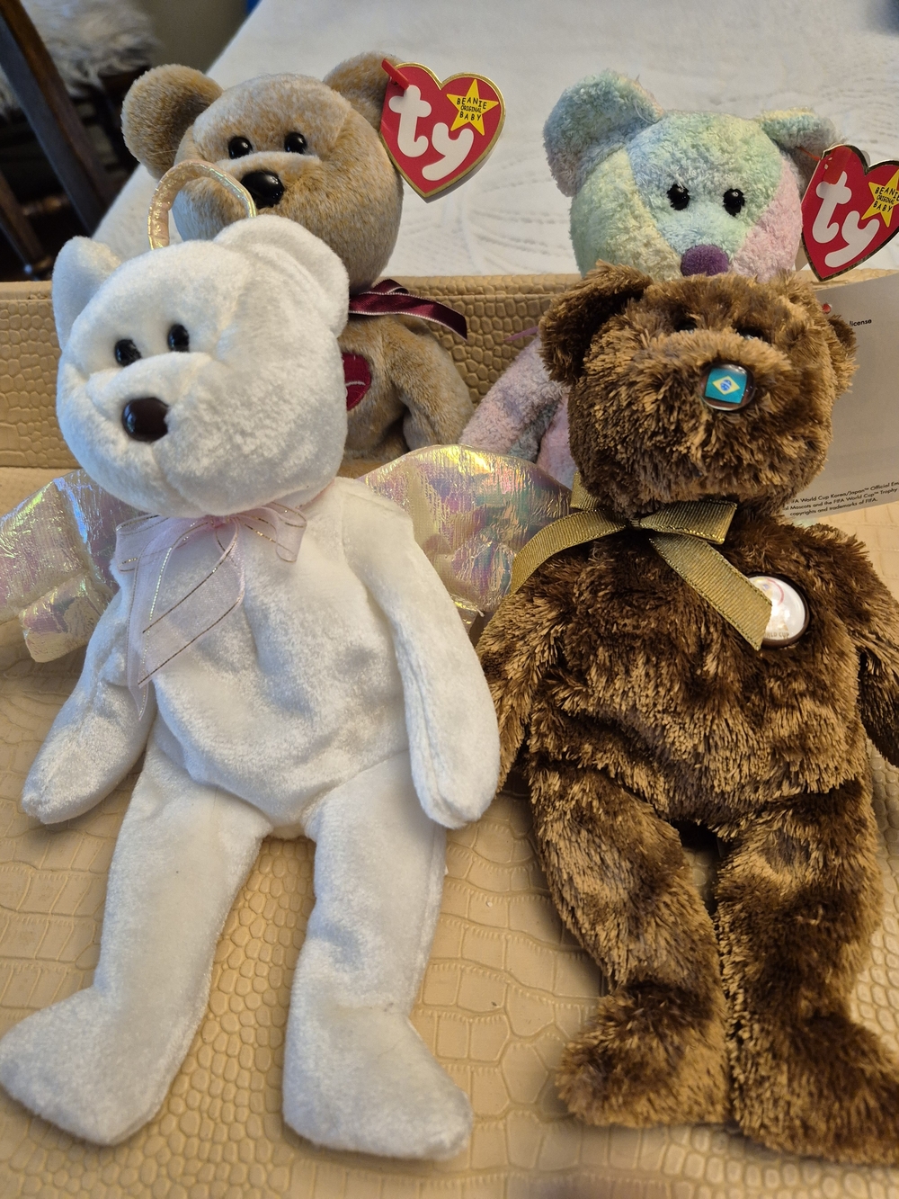 Vintage TY Plush Bears, "Halo", "1999 Signature Bear", "Groovy", And "Brazil"
